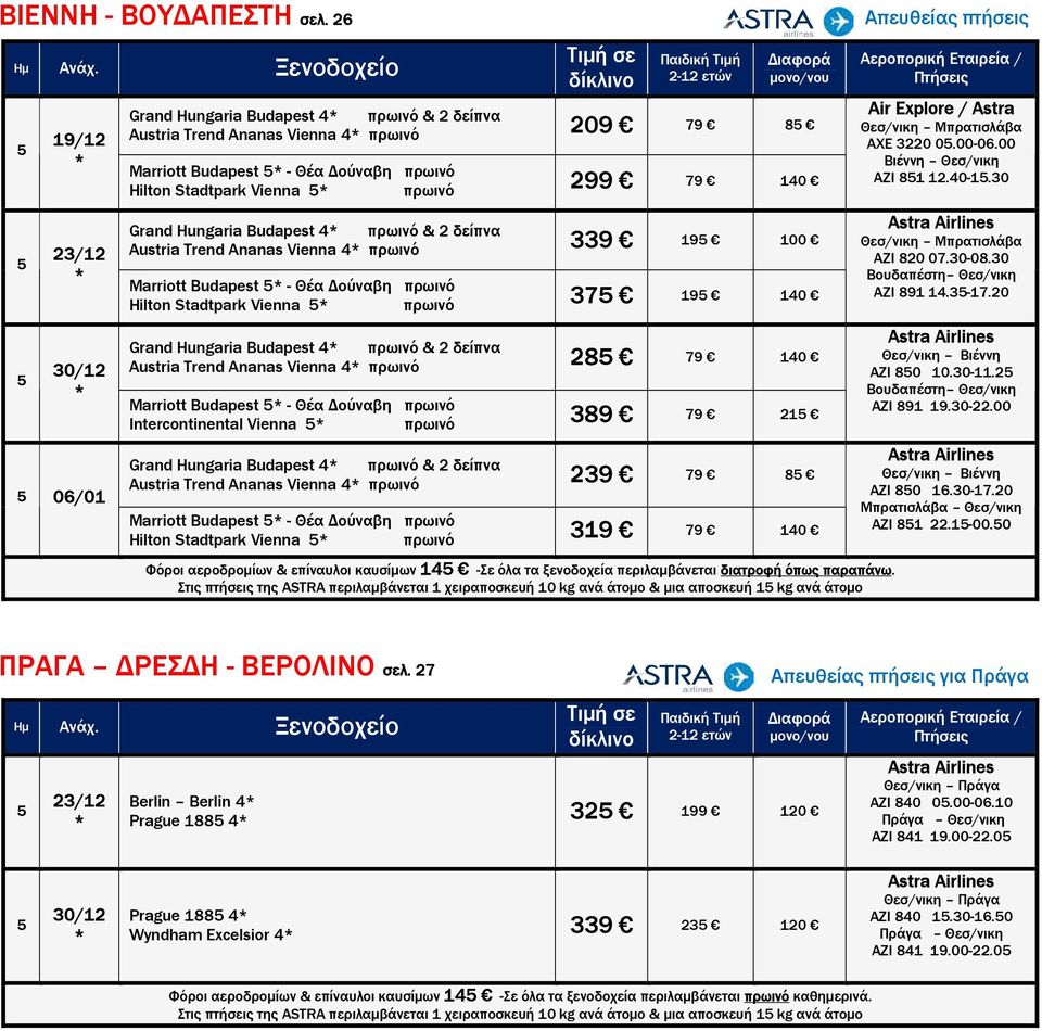 Hungaria Budapest πρωινό & 2 δείπνα Austria Trend Ananas Vienna πρωινό 339 19 100 Marriott Budapest - Θέα ούναβη πρωινό Hilton Stadtpark Vienna πρωινό 37 19 10 Grand Hungaria Budapest πρωινό & 2