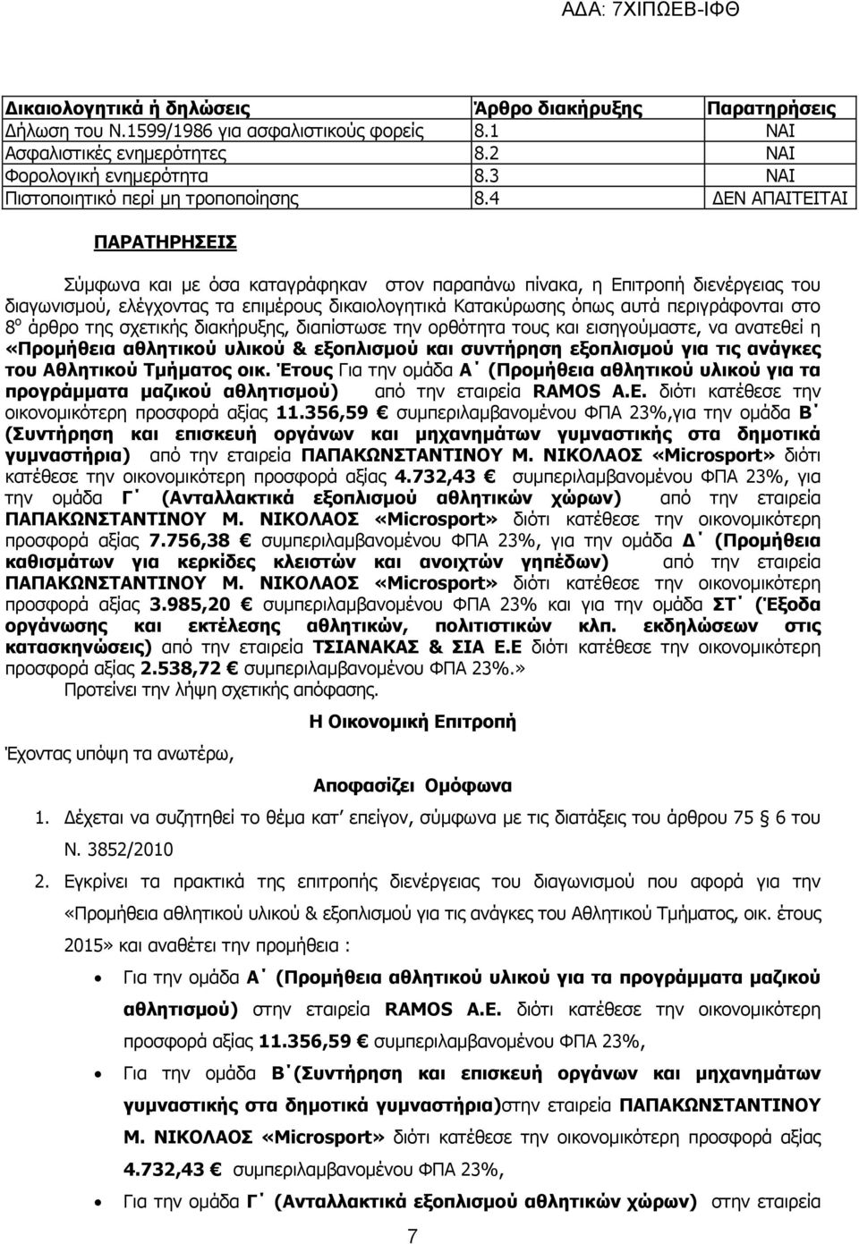 4 ΔΕΝ ΑΠΑΙΤΕΙΤΑΙ ΠΑΡΑΤΗΡΗΣΕΙΣ Σύμφωνα και με όσα καταγράφηκαν στον παραπάνω πίνακα, η Επιτροπή διενέργειας του διαγωνισμού, ελέγχοντας τα επιμέρους δικαιολογητικά Κατακύρωσης όπως αυτά περιγράφονται