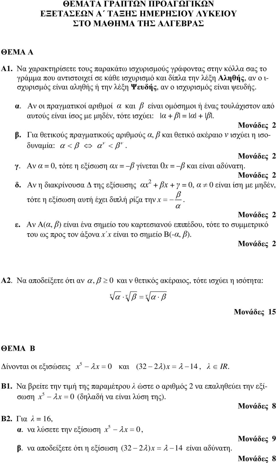 ισχυρισµός είναι ψευδής. α. Αν οι πραγµατικοί αριθµοί α και β είναι οµόσηµοι ή ένας τουλάχιστον από αυτούς είναι ίσος µε µηδέν, τότε ισχύει: α + β = α + β. Μονάδες β.