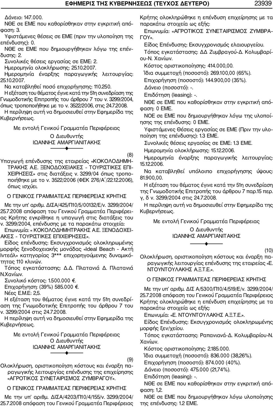 3299/2004, όπως τροποποιήθηκε με το ν. 3522/2006, στις 24.7.2008. (8) Υπαγωγή επένδυσης της εταιρείας «ΚΟΚΟΛΟΔΗΜΗ ΤΡΑΚΗΣ Α.Ε. ΞΕΝΟΔΟΧΕΙΑΚΕΣ ΤΟΥΡΙΣΤΙΚΕΣ ΕΠΙ ΧΕΙΡΗΣΕΙΣ» στις διατάξεις ν.