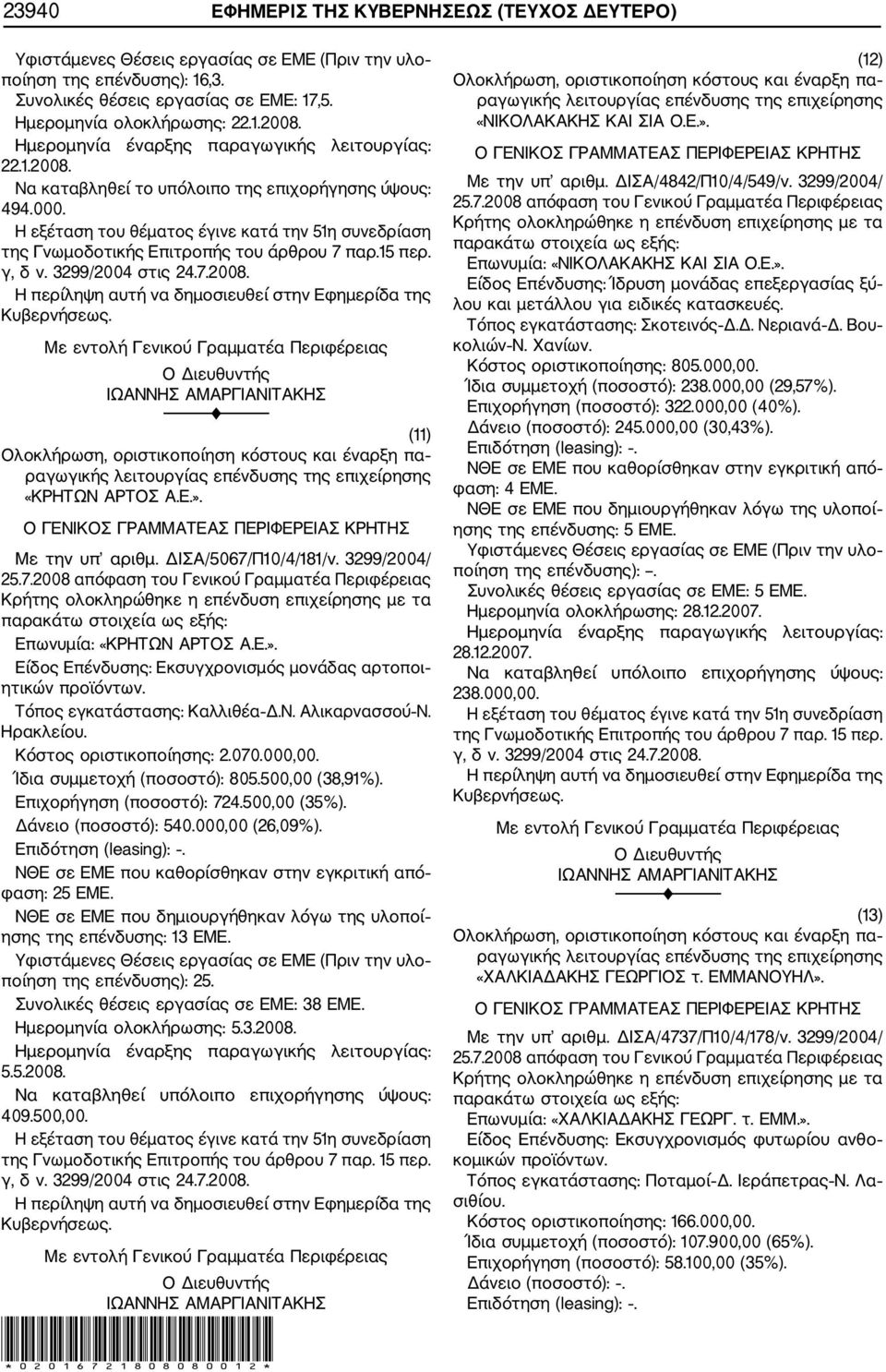 Με την υπ αριθμ. ΔΙΣΑ/5067/Π10/4/181/ν. 3299/2004/ Επωνυμία: «ΚΡΗΤΩΝ ΑΡΤΟΣ Α.Ε.». Είδος Επένδυσης: Εκσυγχρονισμός μονάδας αρτοποι ητικών προϊόντων. Τόπος εγκατάστασης: Καλλιθέα Δ.Ν. Αλικαρνασσού Ν.