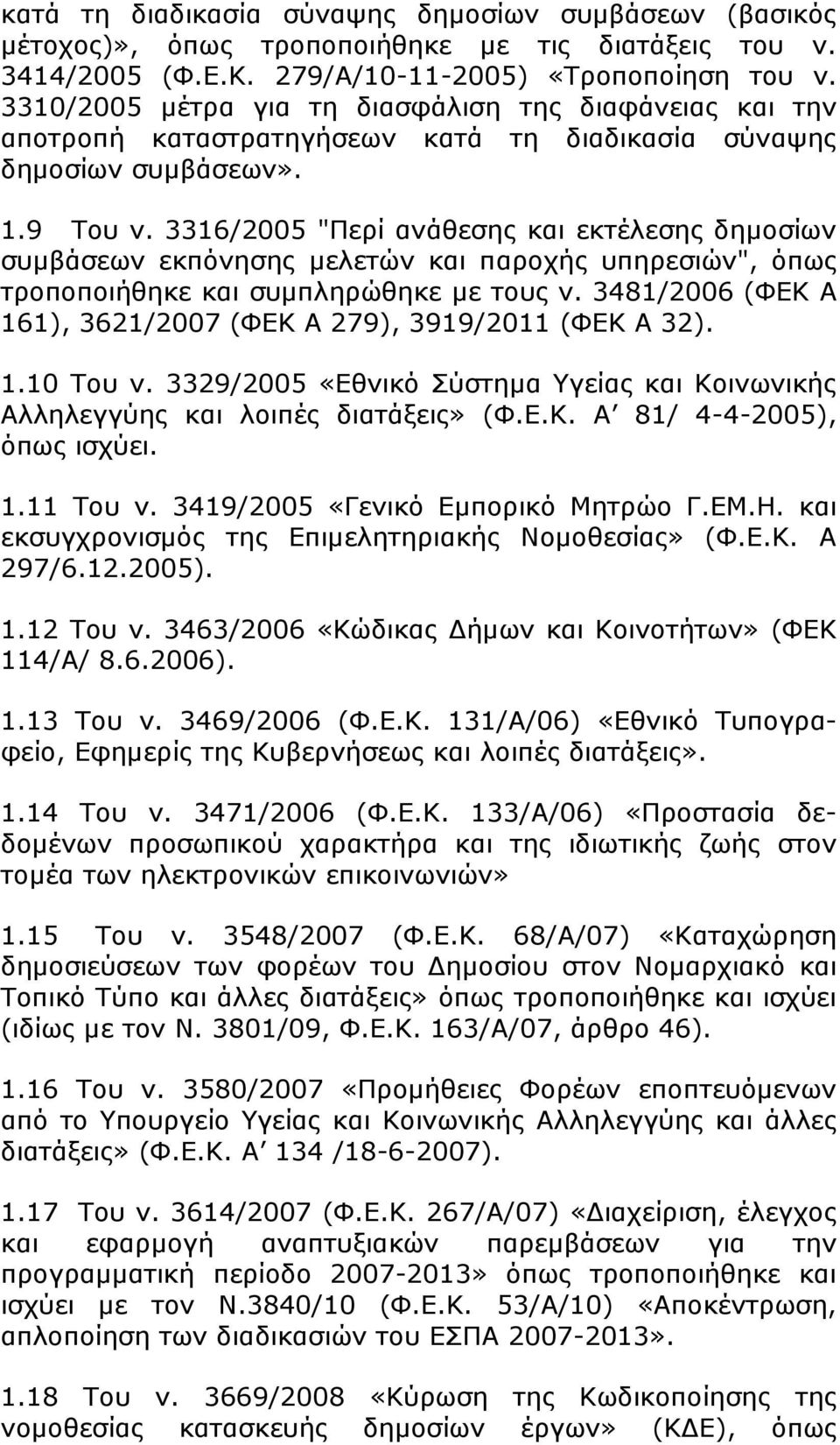 3316/2005 "Περί ανάθεσης και εκτέλεσης δηµοσίων συµβάσεων εκπόνησης µελετών και παροχής υπηρεσιών", όπως τροποποιήθηκε και συµπληρώθηκε µε τους ν.