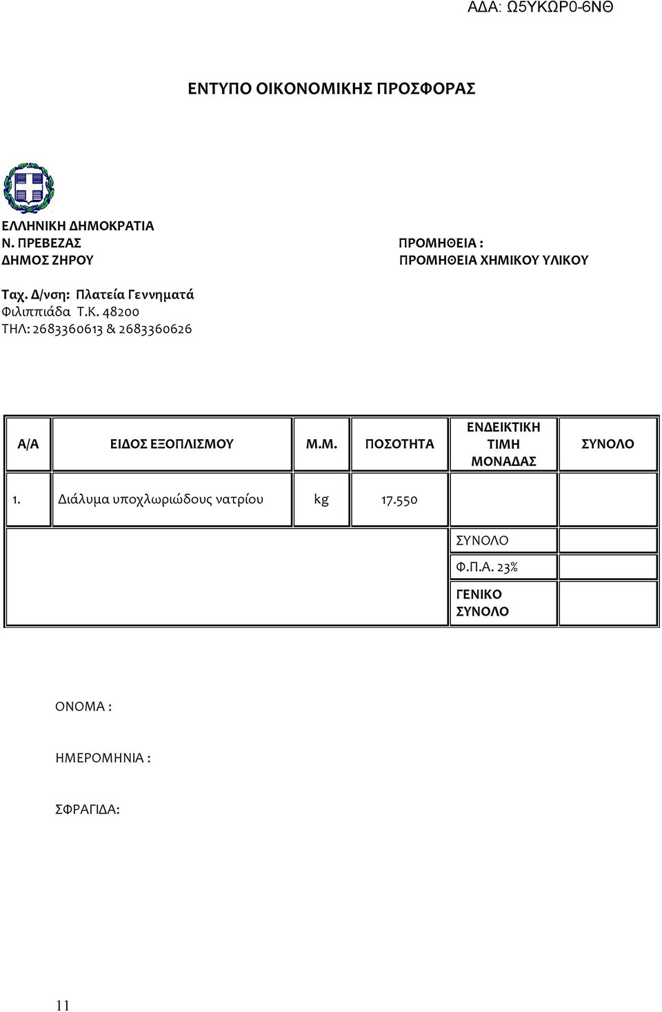 48200 ΤΗΛ: 2683360613 & 2683360626 Α/Α ΕΙΔΟΣ ΕΞΟΠΛΙΣΜΟ