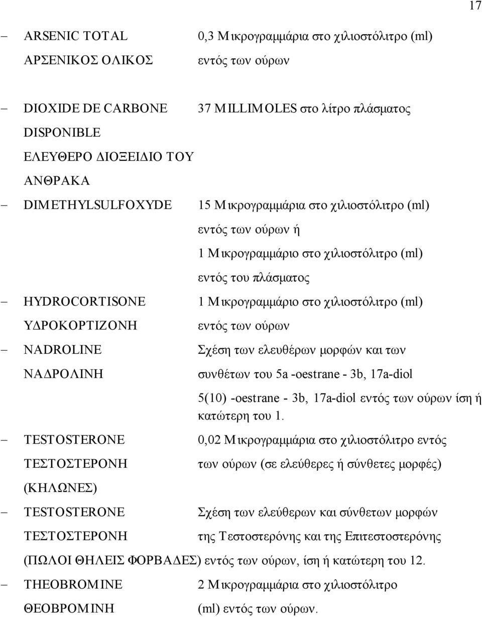 ΡΟΚΟΡΤΙΖΟΝΗ εντός των ούρων NADROLINE Σχέση των ελευθέρων µορφών και των ΝΑ ΡΟΛΙΝΗ συνθέτων του 5a -oestrane - 3b, 17a-diol 5(10) -oestrane - 3b, 17a-diol εντός των ούρων ίση ή κατώτερη του 1.