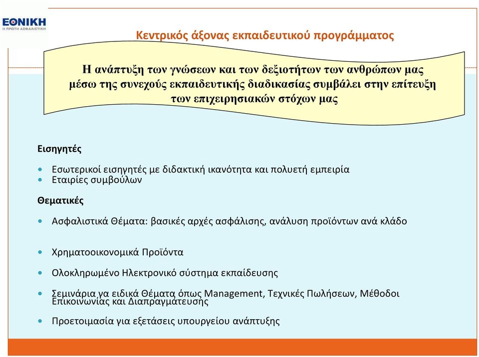 Θεματικές Ασφαλιστικά Θέματα: βασικές αρχές ασφάλισης, ανάλυση προϊόντων ανά κλάδο Χρηματοοικονομικά Προϊόντα Ολοκληρωμένο Ηλεκτρονικό σύστημα