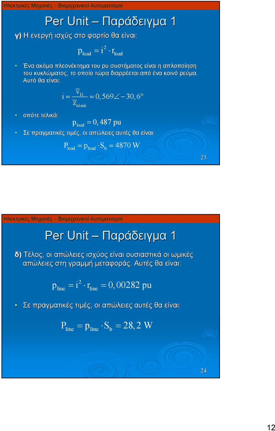 Αυτό θα είναι: οπότε τελικά: pload = i rload v = = G i 0,569 30,6 zολικό p load = 0,487 pu Σε πραγματικές τιμές, οι απώλειες αυτές θα είναι: