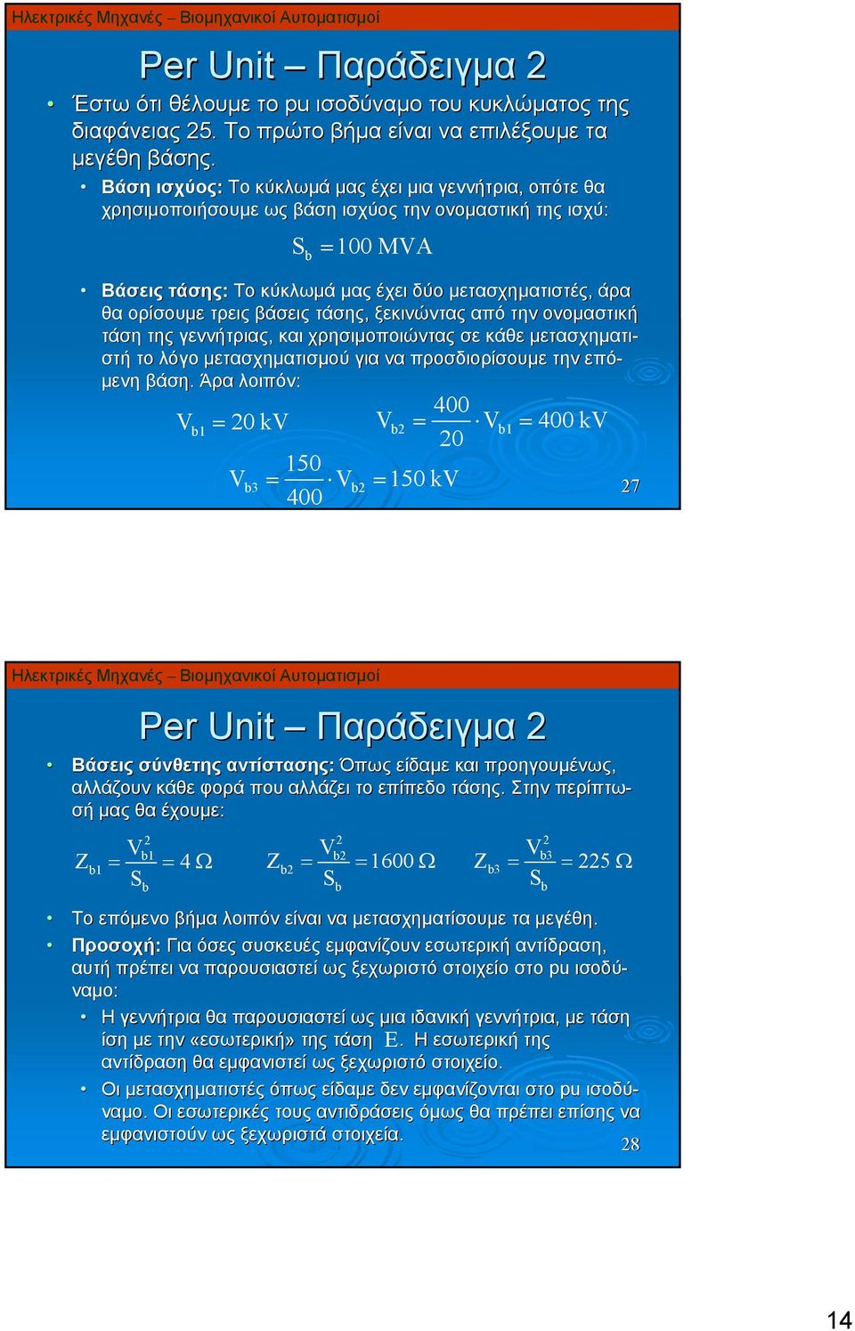 Ω 3 Z3 = = 5Ω Βάσεις τάσης: Το κύκλωμά μας έχει δύο μετασχηματιστές, άρα θα ορίσουμε τρεις βάσεις τάσης, ξεκινώντας από την ονομαστική τάση της γεννήτριας, και χρησιμοποιώντας σε κάθε μετασχηματι-