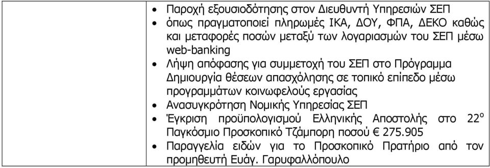 επίπεδο μέσω προγραμμάτων κοινωφελούς εργασίας Ανασυγκρότηση Νομικής Υπηρεσίας ΣΕΠ ο Έγκριση προϋπολογισμού Ελληνικής Αποστολής στο