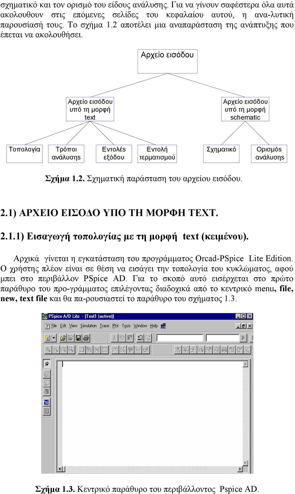 Αρχείο εισόδου Αρχείο εισόδου υπό τη μορφή text Αρχείο εισόδου υπό τη μορφή schematic Τοπολογία Τρόποι ανάλυσηs Εντολέs εξόδου Εντολή τερματισμού Σχηματικό Ορισμόs ανάλυσηs Σχήμα 1.2.
