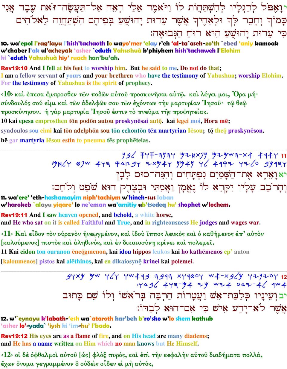 ruach han bu ah. Rev19:10 And I fell at his feet to worship him. But he said to me, Do not do that; I am a fellow servant of yours and your brethren who have the testimony of Yahushua; worship Elohim.