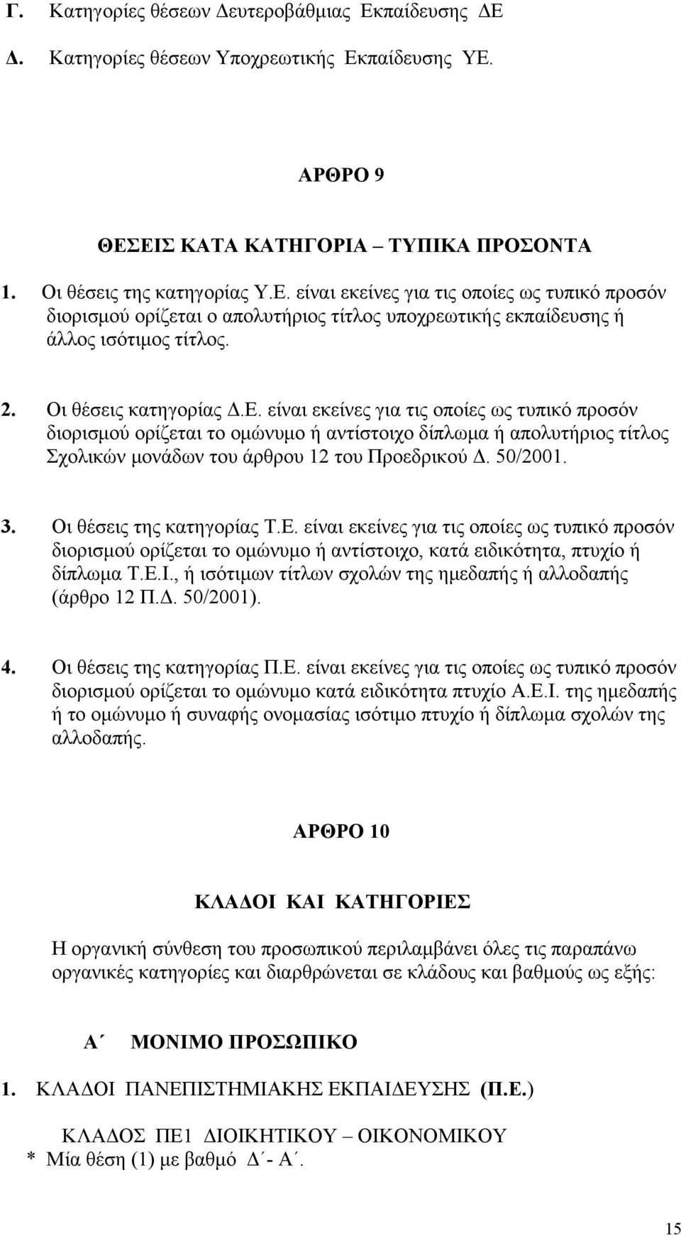 50/2001. 3. Οι θέσεις της κατηγορίας Τ.Ε. είναι εκείνες για τις οποίες ως τυπικό προσόν διορισμού ορίζεται το ομώνυμο ή αντίστοιχο, κατά ειδικότητα, πτυχίο ή δίπλωμα Τ.Ε.Ι.