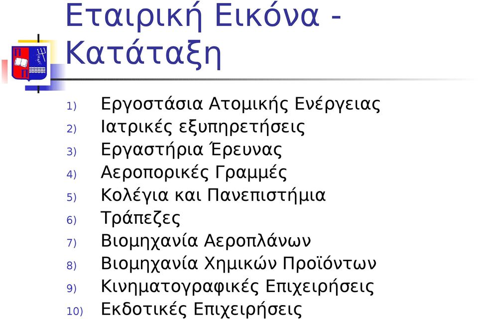 και Πανεπιστήμια 6) Τράπεζες 7) Βιομηχανία Αεροπλάνων 8) Βιομηχανία