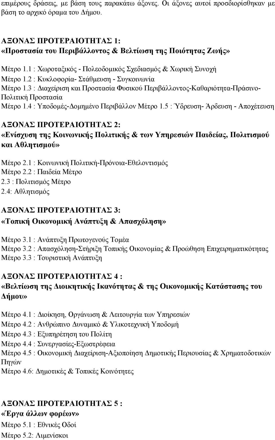 2 : Κυκλοφορία- Στάθμευση - Συγκοινωνία Μέτρο 1.3 : Διαχείριση και Προστασία Φυσικού Περιβάλλοντος-Καθαριότητα-Πράσινο- Πολιτική Προστασία Μέτρο 1.4 : Υποδομές-Δομημένο Περιβάλλον Μέτρο 1.