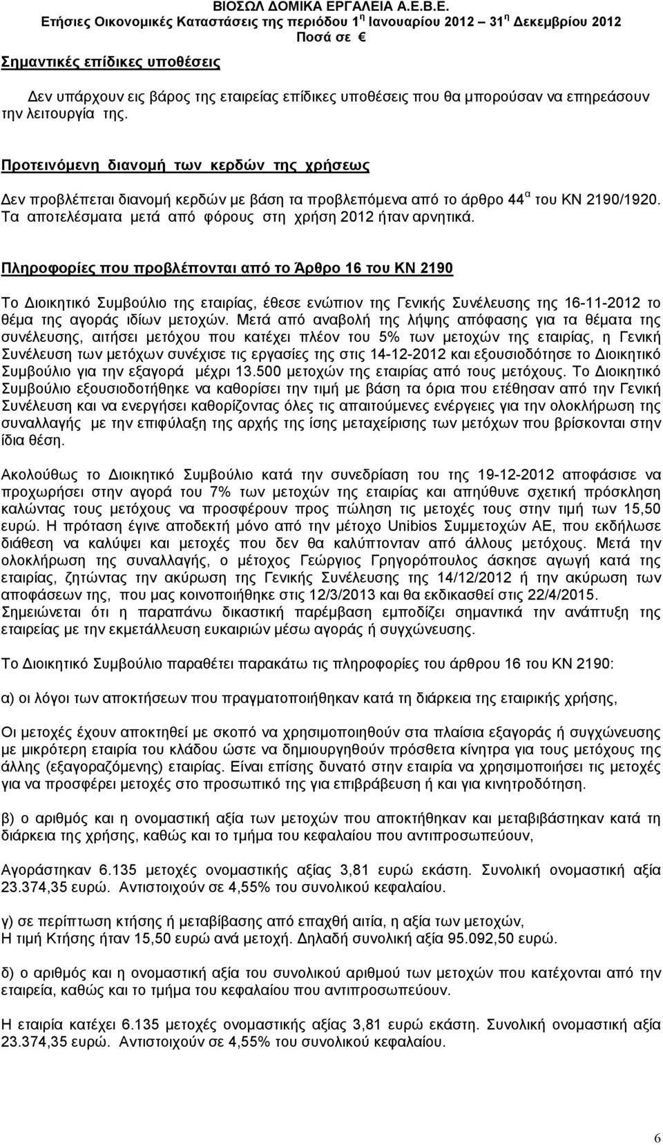Πληροφορίες που προβλέπονται από το Άρθρο 16 του ΚΝ 2190 Το ιοικητικό Συµβούλιο της εταιρίας, έθεσε ενώπιον της Γενικής Συνέλευσης της 16-11-2012 το θέµα της αγοράς ιδίων µετοχών.