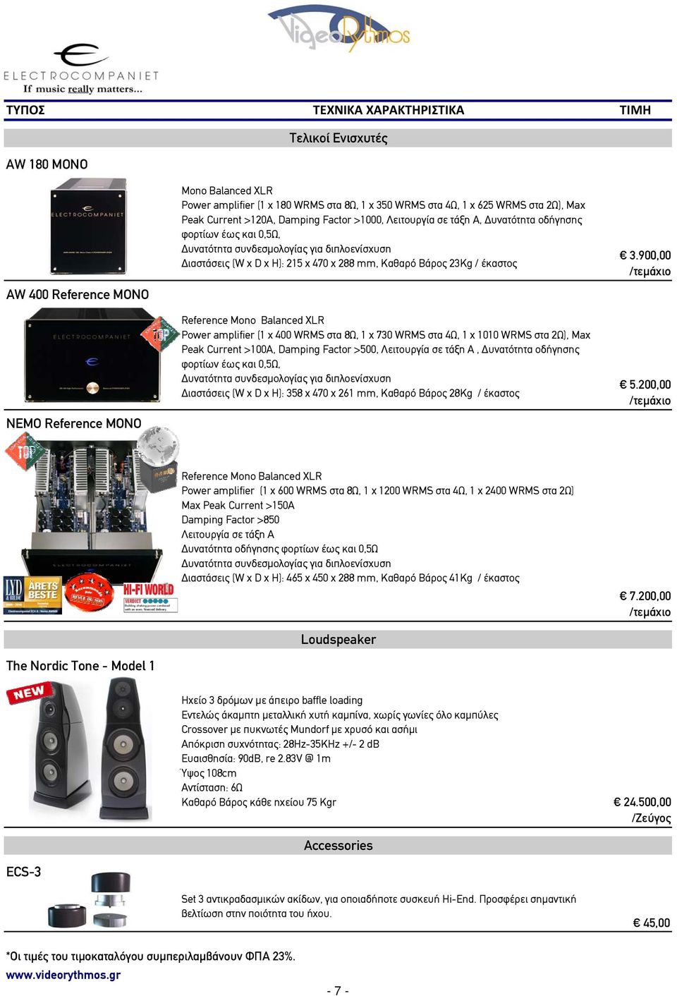 έκαστος Reference Mono Balanced XLR Power amplifier (1 x 400 WRMS στα 8Ω, 1 x 730 WRMS στα 4Ω, 1 x 1010 WRMS στα 2Ω), Max Peak Current >100A, Damping Factor >500, Λειτουργία σε τάξη A, Δυνατότητα