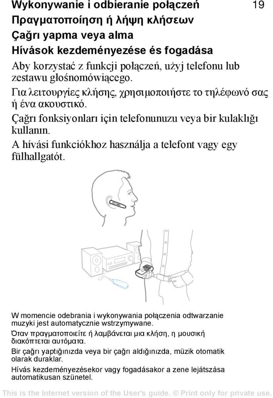 A hívási funkciókhoz használja a telefont vagy egy fülhallgatót. W momencie odebrania i wykonywania połączenia odtwarzanie muzyki jest automatycznie wstrzymywane.
