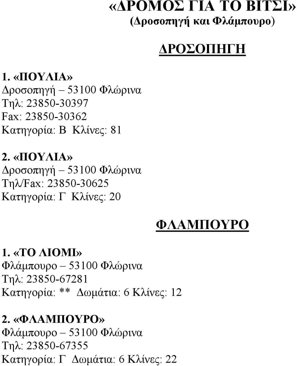 «ΤΟ ΛΙΟΜΙ» Φλάµπουρο 53100 Φλώρινα Τηλ: 23850-67281 Κατηγορία: ** ωµάτια: 6 Κλίνες: 12 2.