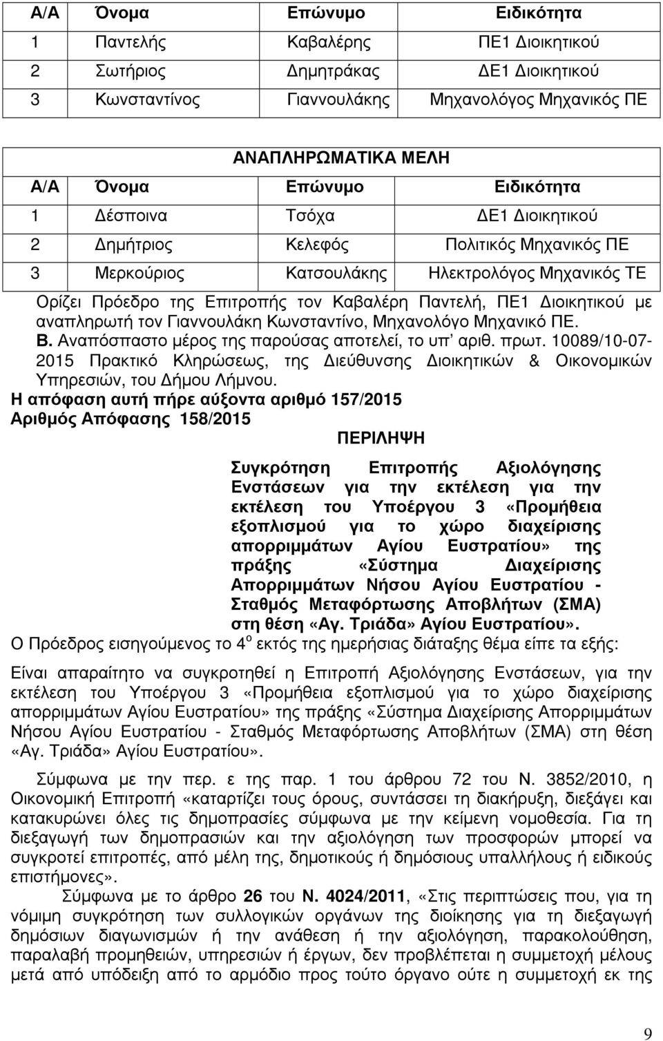µε αναπληρωτή τον Γιαννουλάκη Κωνσταντίνο, Μηχανολόγο Μηχανικό ΠΕ. Β. Αναπόσπαστο µέρος της παρούσας αποτελεί, το υπ αριθ. πρωτ.