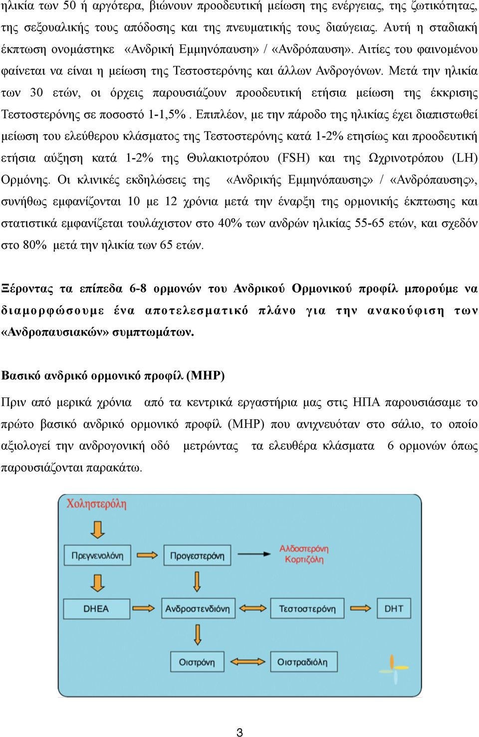 Μετά την ηλικία των 30 ετών, οι όρχεις παρουσιάζουν προοδευτική ετήσια µείωση της έκκρισης Τεστοστερόνης σε ποσοστό 1-1,5%.