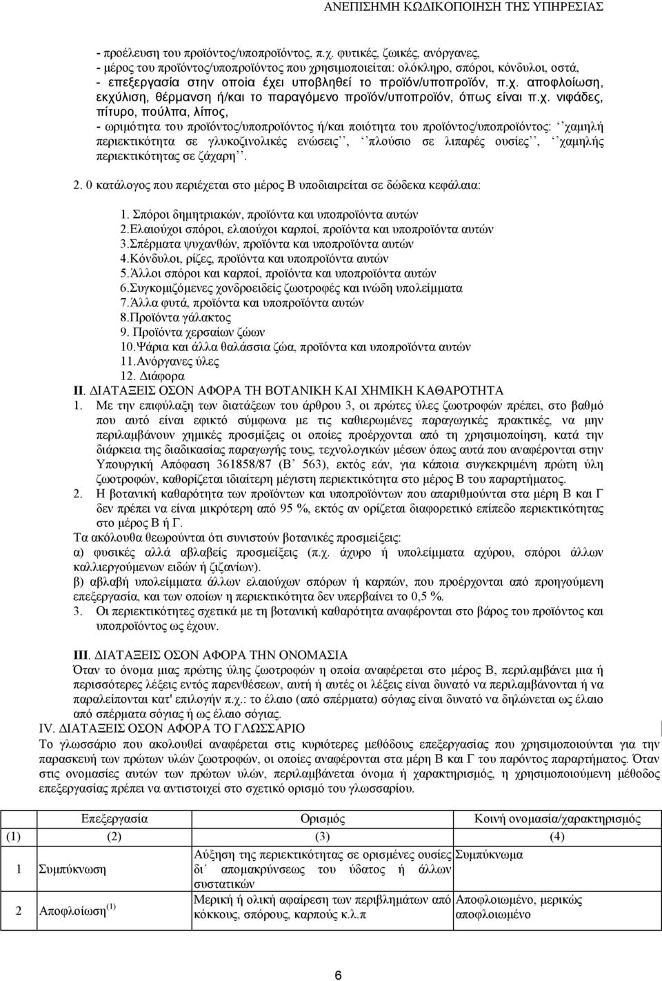 χ. νιφάδες, πίτυρο, πούλπα, λίπος, - ωριµότητα του προϊόντος/υποπροϊόντος ή/και ποιότητα του προϊόντος/υποπροϊόντος: χαµηλή περιεκτικότητα σε γλυκοζινολικές ενώσεις, πλούσιο σε λιπαρές ουσίες,