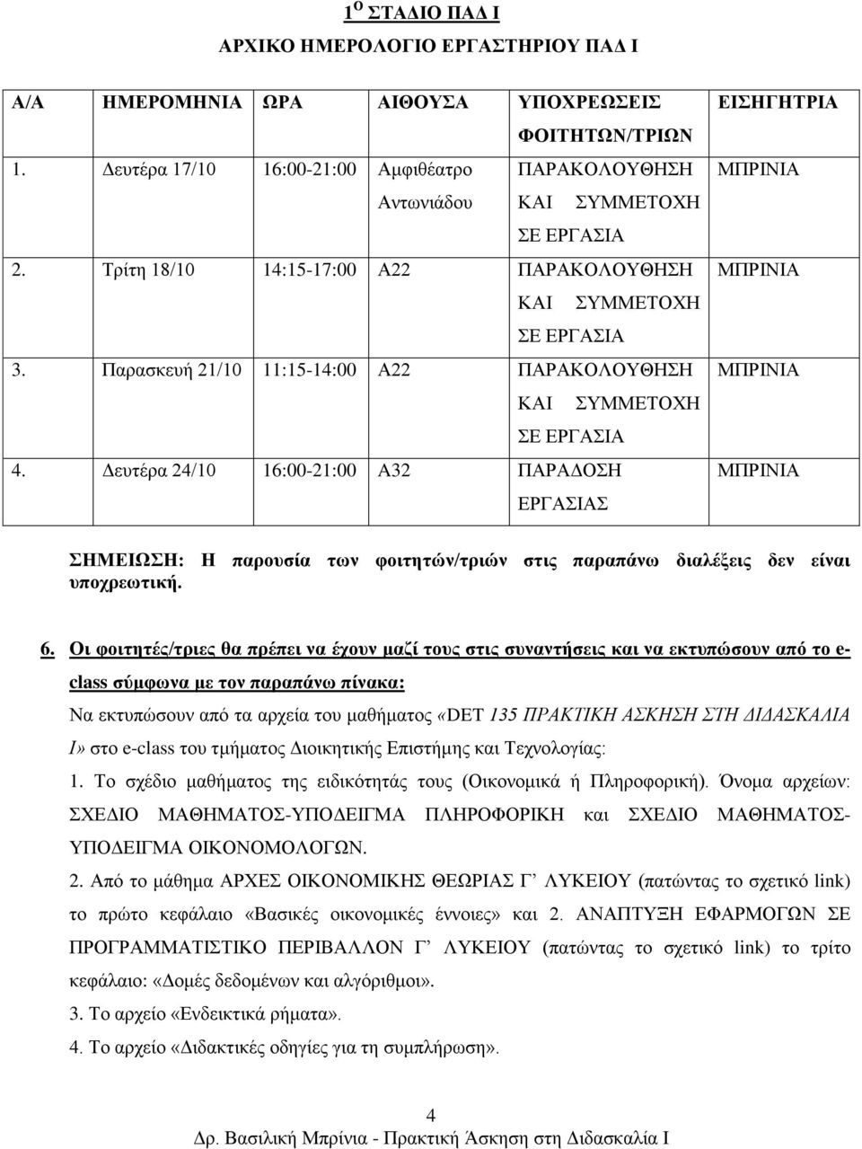 Γεςηέπα 24/10 16:00-21:00 A32 ΠΑΡΑΓΟΗ ΔΡΓΑΙΑ ΔΙΗΓΗΣΡΙΑ ΗΜΔΙΩΗ: Η παξνπζία ηωλ θνηηεηώλ/ηξηώλ ζηηο παξαπάλω δηαιέμεηο δελ είλαη ππνρξεωηηθή. 6.