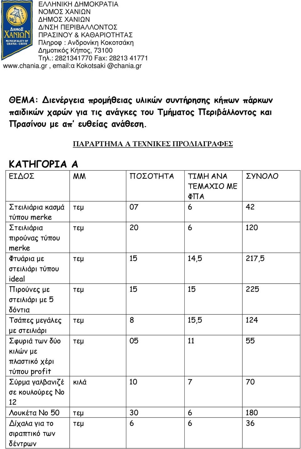 ΠΑΡΑΡΤΗΜΑ Α ΤΕΧΝΙΚΕΣ ΠΡΟ ΙΑΓΡΑΦΕΣ ΚΑΤΗΓΟΡΙΑ Α ΕΙ ΟΣ ΜΜ ΠΟΣΟΤΗΤΑ ΤΙΜΗ ΑΝΑ ΣΥΝΟΛΟ ΤΕΜΑΧΙΟ ΜΕ Στειλιάρια κασµά τεµ 07 6 42 τύπου merke Στειλιάρια τεµ 20 6 120 πιρούνας τύπου merke Φτυάρια µε τεµ 15 14,5