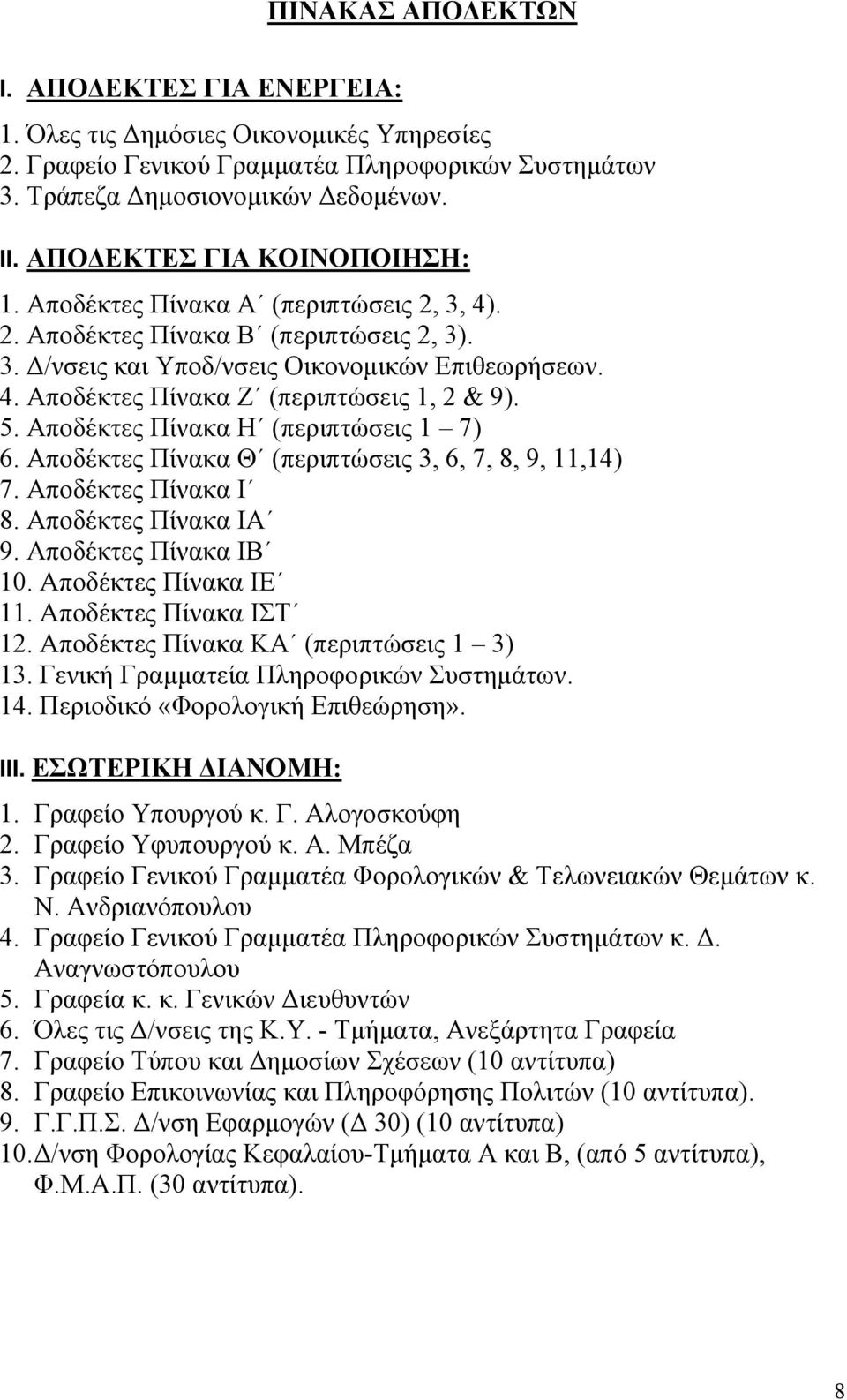 5. Αποδέκτες Πίνακα Η (περιπτώσεις 1 7) 6. Αποδέκτες Πίνακα Θ (περιπτώσεις 3, 6, 7, 8, 9, 11,14) 7. Αποδέκτες Πίνακα Ι 8. Αποδέκτες Πίνακα ΙΑ 9. Αποδέκτες Πίνακα ΙΒ 10. Αποδέκτες Πίνακα ΙΕ 11.