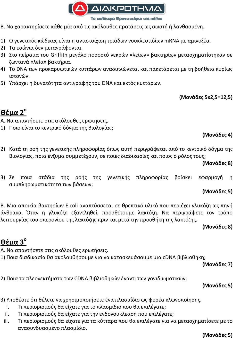 4) Το DNA των προκαρυωτικών κυττάρων αναδιπλώνεται και πακετάρεται με τη βοήθεια κυρίως ιστονών. 5) Υπάρχει η δυνατότητα αντιγραφής του DNA και εκτός κυττάρων. (Μονάδες 5x2,5=12,5) Θέμα 2 ο Α.