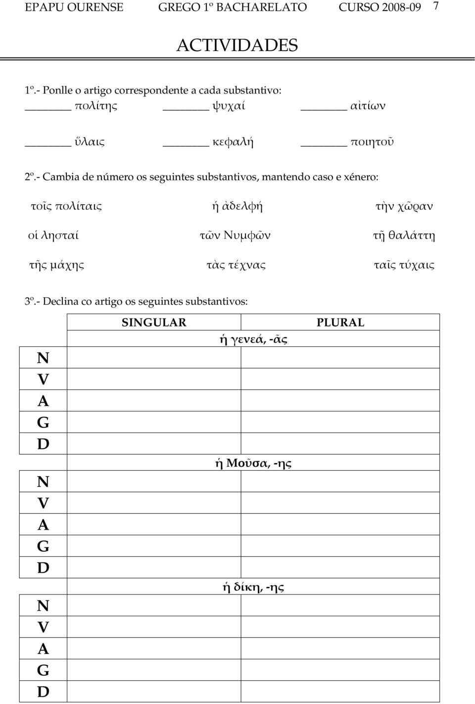 - Cambia de número os seguintes substantivos, mantendo caso e xénero: τοῖς πολίταις ἡ ἀδελφή τὴν χῶραν οἱ λησταί τῶν