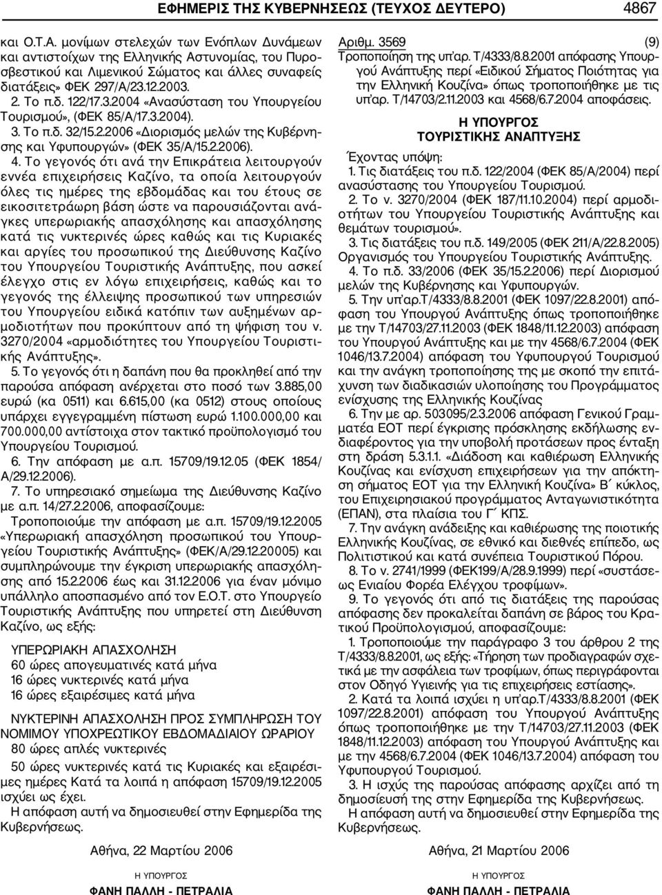 12.2003. 2. Το π.δ. 122/17.3.2004 «Ανασύσταση του Υπουργείου Τουρισμού», (ΦΕΚ 85/Α/17.3.2004). 3. Το π.δ. 32/15.2.2006 «Διορισμός μελών της Κυβέρνη σης και Υφυπουργών» (ΦΕΚ 35/Α/15.2.2006). 4.