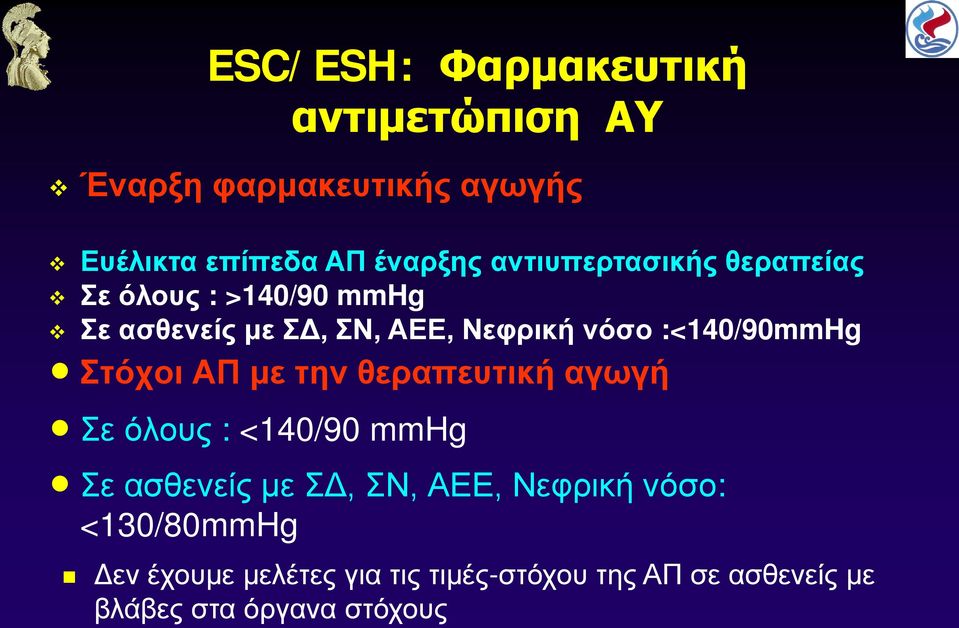 :<140/90mmHg Στόχοι ΑΠ με την θεραπευτική αγωγή Σε όλους : <140/90 mmhg Σε ασθενείς με ΣΔ, ΣΝ, ΑΕΕ,