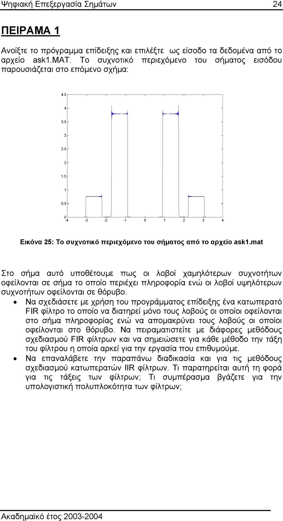 mat Στο σήµα αυτό υποθέτουµε πως οι λοβοί χαµηλότερων συχνοτήτων οφείλονται σε σήµα το οποίο περιέχει πληροφορία ενώ οι λοβοί υψηλότερων συχνοτήτων οφείλονται σε θόρυβο.