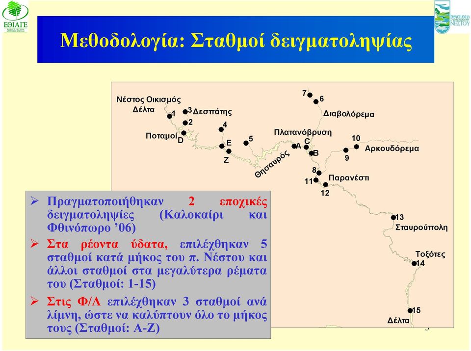 Νέστου και άλλοι σταθμοί στα μεγαλύτερα ρέματα του (Σταθμοί: 1-15) Στις Φ/Λ επιλέχθηκαν 3 σταθμοί ανά λίμνη, ώστε να