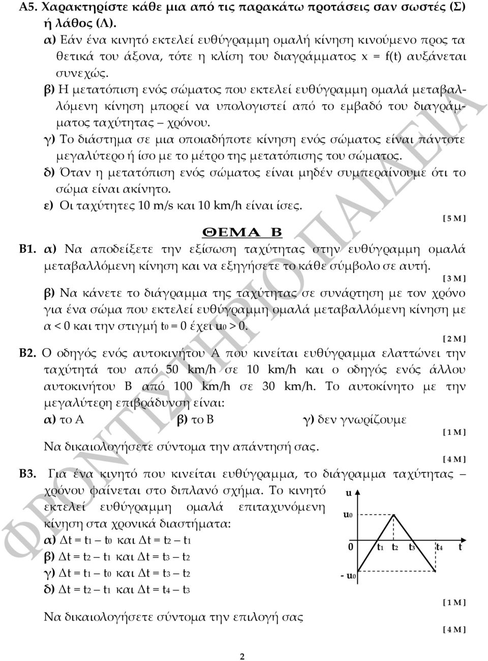 β) Η μετατόπιση ενός σώματος που εκτελεί ευθύγραμμη ομαλά μεταβαλλόμενη κίνηση μπορεί να υπολογιστεί από το εμβαδό του διαγράμματος ταχύτητας χρόνου.