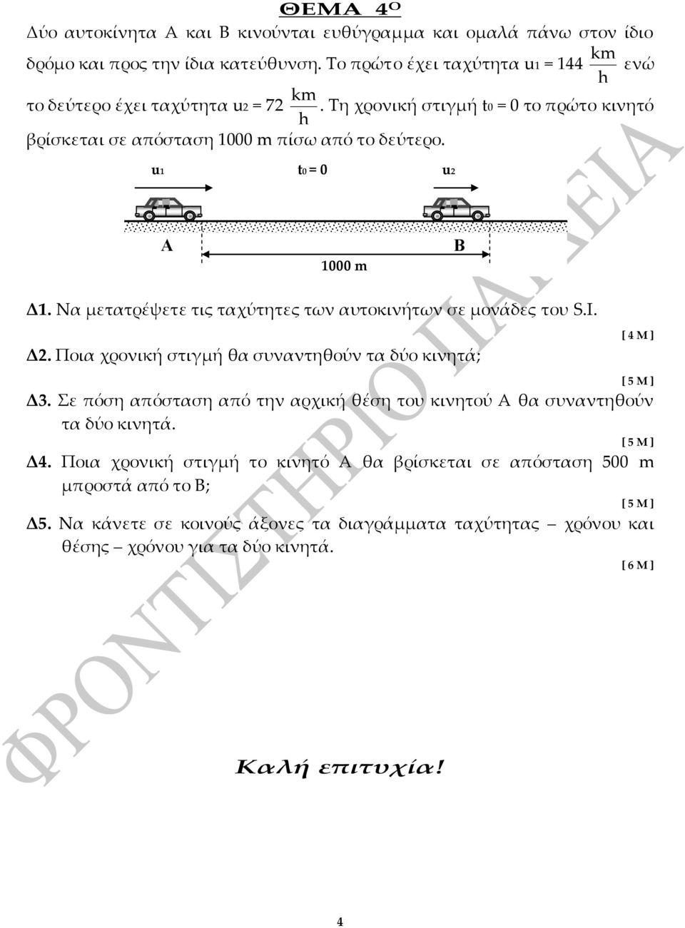 u1 0 = 0 u2 Α 1000 m Β Δ1. Να μετατρέψετε τις ταχύτητες των αυτοκινήτων σε μονάδες του S.I. Δ2. Ποια χρονική στιγμή θα συναντηθούν τα δύο κινητά; [ 4 M ] Δ3.