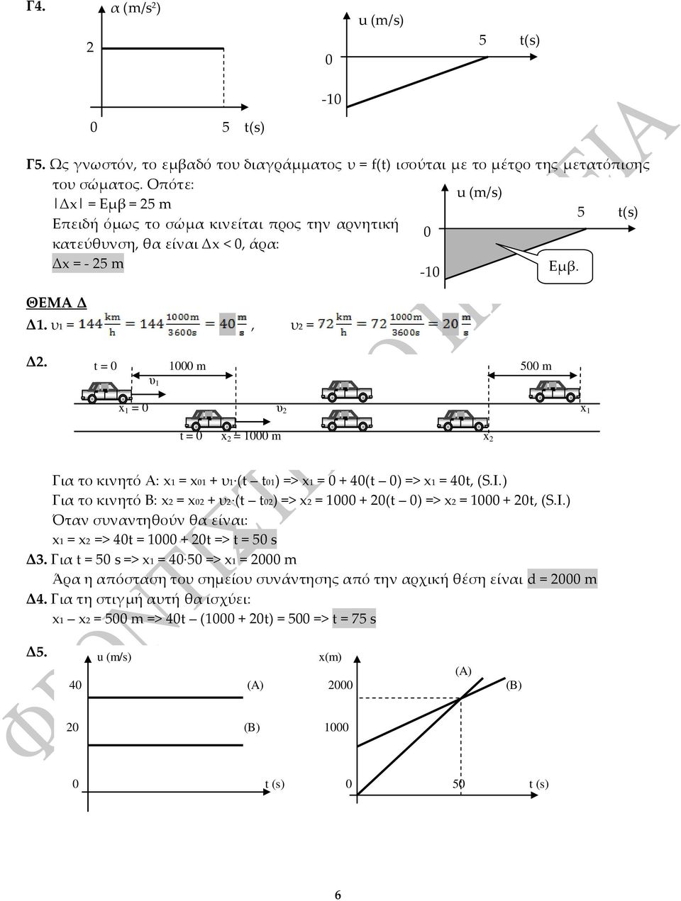 = 0 1000 m 500 m υ 1 x 1 = 0 υ 2 x 1 = 0 x 2 = 1000 m x 2 Για το κινητό Α: x1 = x01 + υ1 ( 01) => x1 = 0 + 40( 0) => x1 = 40, (S.I.