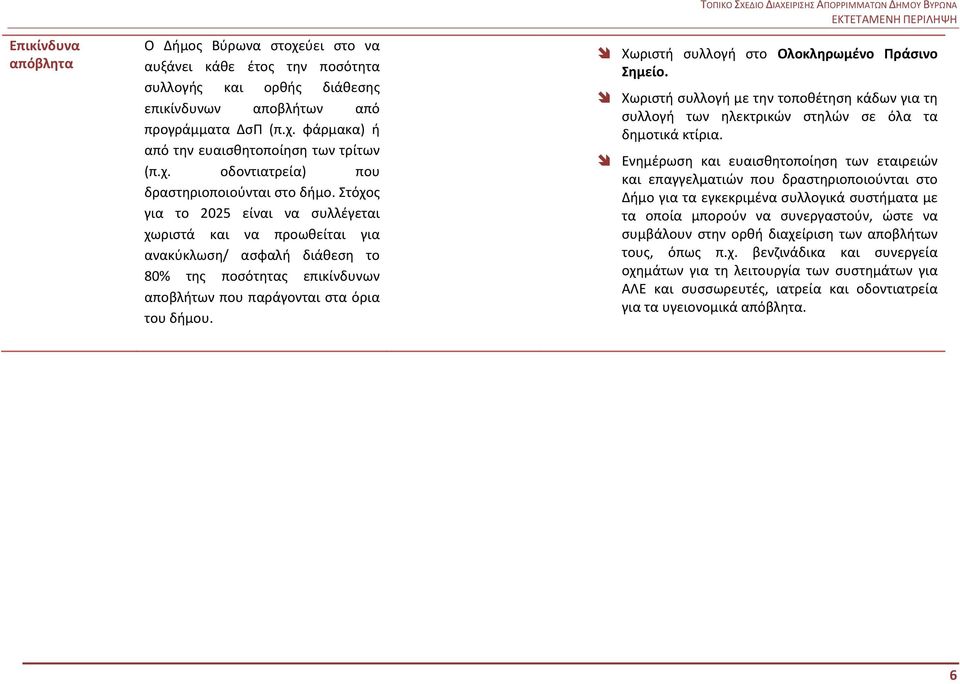 Στόχος για το 2025 είναι να συλλέγεται χωριστά και να προωθείται για ανακύκλωση/ ασφαλή διάθεση το 80% της ποσότητας επικίνδυνων αποβλήτων που παράγονται στα όρια του δήμου.