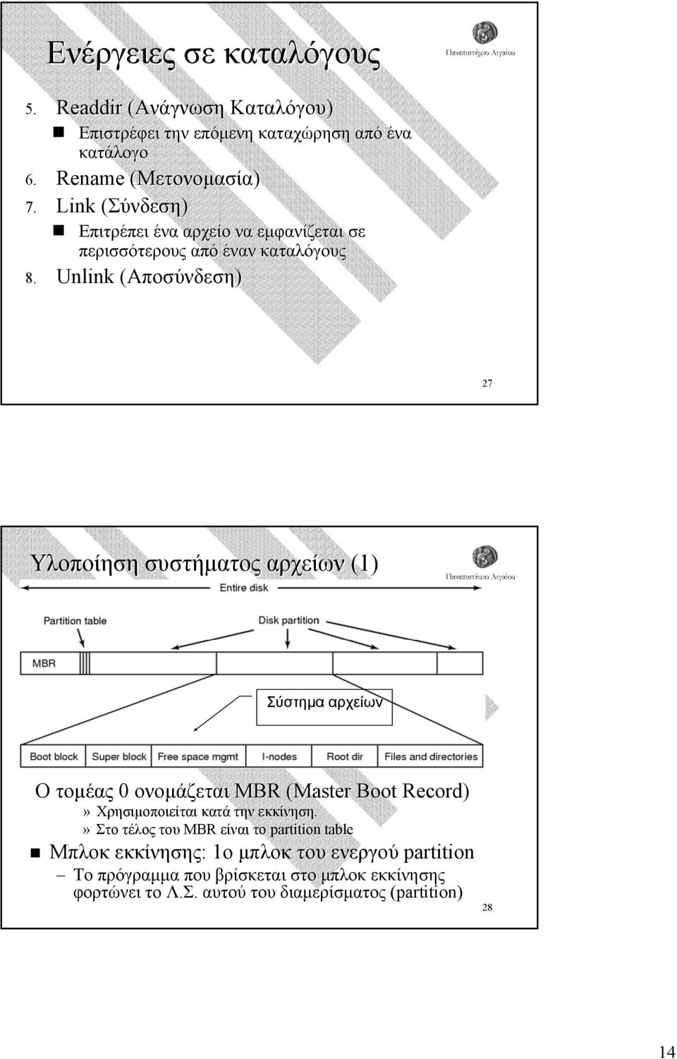 Unlink (Αποσύνδεση) 27 Υλοποίηση συστήµατος αρχείων (1) Σύστηµα αρχείων Ο τοµέας 0 ονοµάζεται MBR (Master Boot Record)» Χρησιµοποιείται κατά την