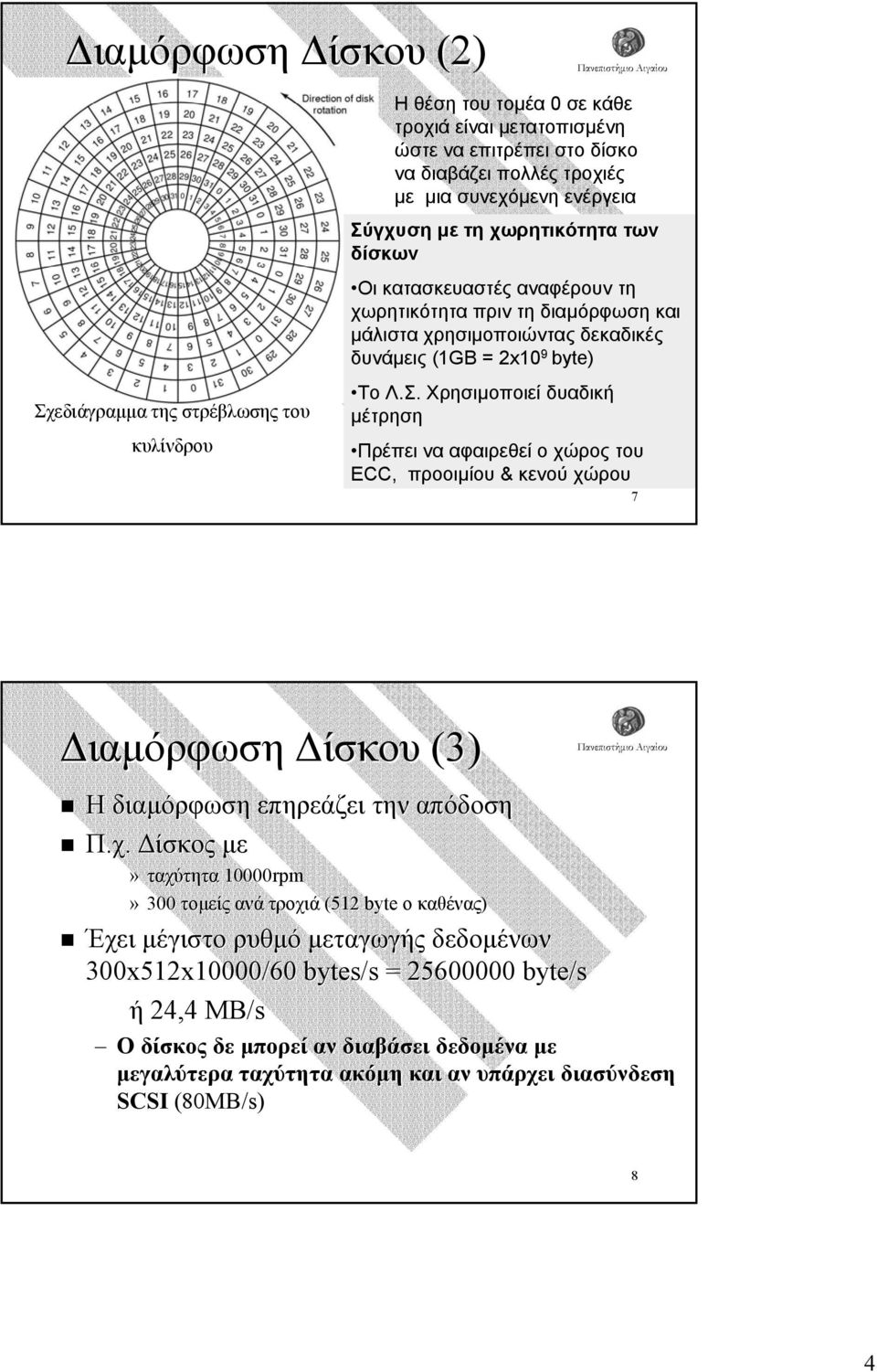 χ. ίσκος µε» ταχύτητα 10000rpm» 300 τοµείς ανά τροχιά (512 byte o καθένας) Έχει µέγιστο ρυθµό µεταγωγής δεδοµένων 300x512x10000/60 bytes/s = 25600000 byte/s ή 24,4 MB/s O δίσκος δε µπορεί αν διαβάσει