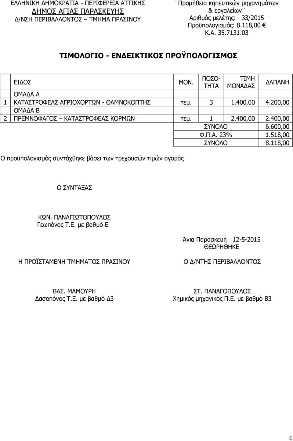 118,00 Ο προϋπολογισμός συντάχθηκε βάσει των τρεχουσών τιμών αγοράς Ο ΣΥΝΤΑΞΑΣ ΚΩΝ. ΠΑΝΑΓΙΩΤΟΠΟΥΛΟΣ Γεωπόνος Τ.Ε.