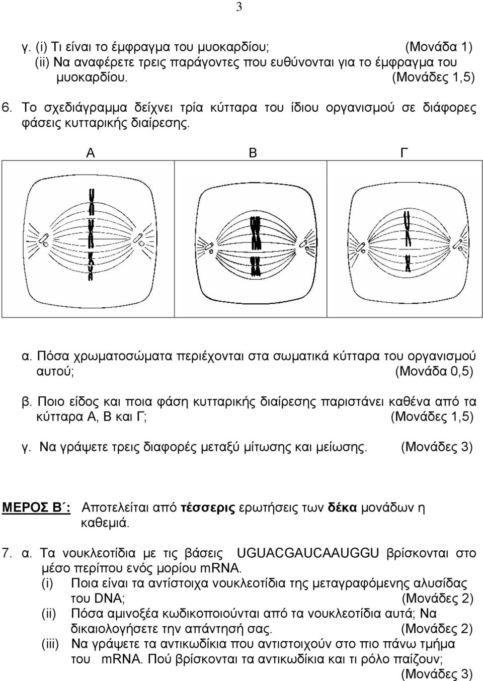 Ποιο είδος και ποια φάση κυτταρικής διαίρεσης παριστάνει καθένα από τα κύτταρα Α, Β και Γ; (Μονάδες 1,5) γ. Να γράψετε τρεις διαφορές µεταξύ µίτωσης και µείωσης.