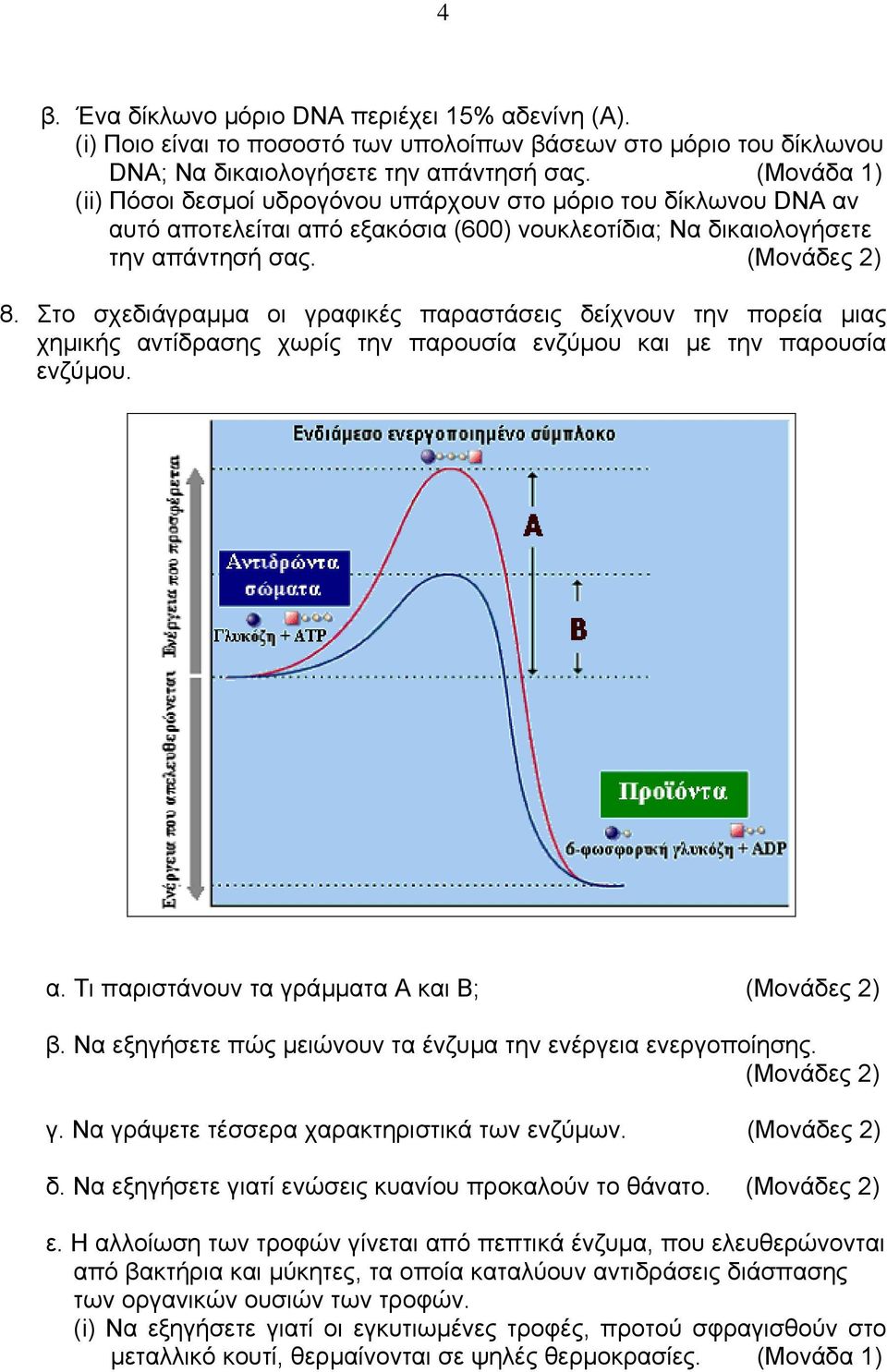 Στο σχεδιάγραµµα οι γραφικές παραστάσεις δείχνουν την πορεία µιας χηµικής αντίδρασης χωρίς την παρουσία ενζύµου και µε την παρουσία ενζύµου. α. Τι παριστάνουν τα γράµµατα Α και Β; (Μονάδες 2) β.