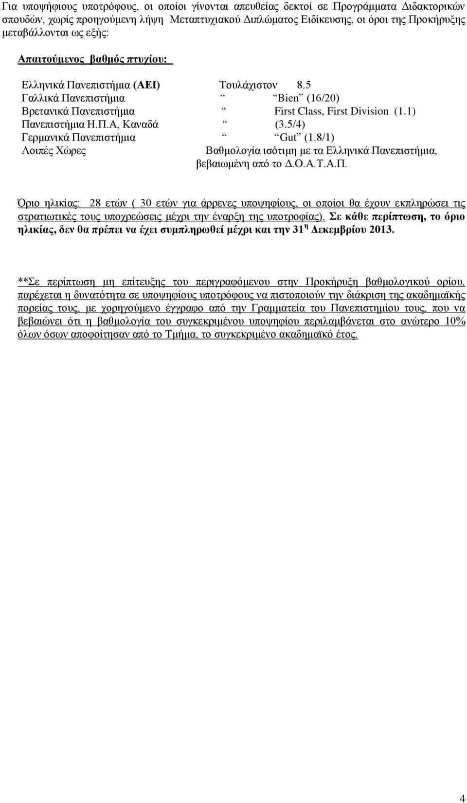 5/4) Γερμανικά Πανεπιστήμια Gut (1.8/1) Όριο ηλικίας: 28 ετών ( 30 ετών για άρρενες υποψηφίους, οι οποίοι θα έχουν εκπληρώσει τις στρατιωτικές τους υποχρεώσεις μέχρι την έναρξη της υποτροφίας).