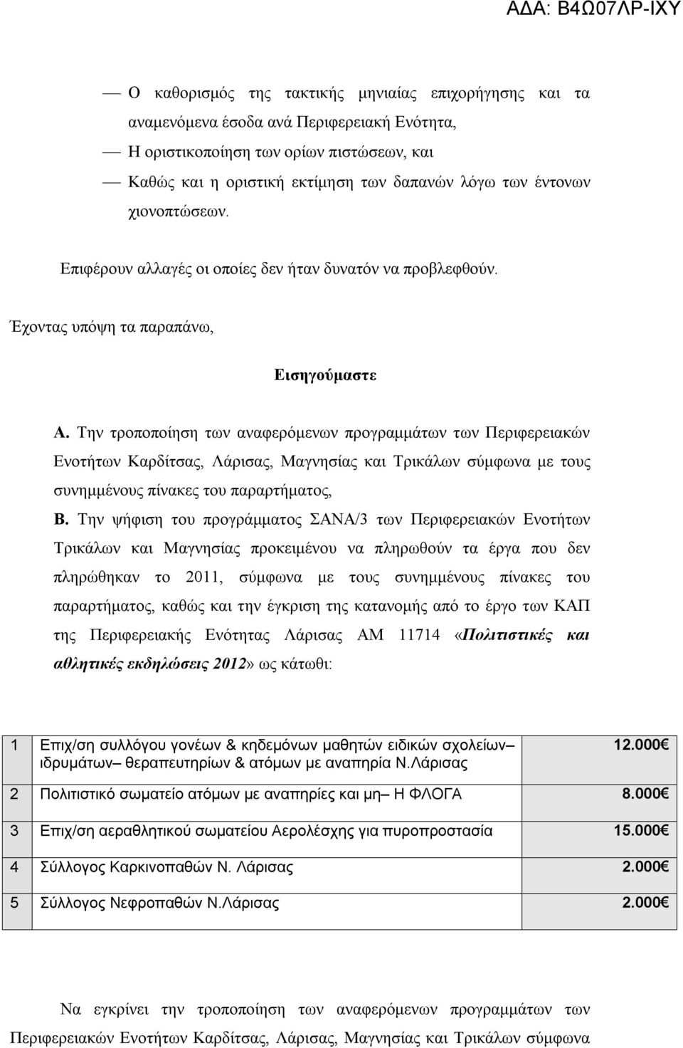 Την τροποποίηση των αναφερόμενων προγραμμάτων των Περιφερειακών Ενοτήτων Καρδίτσας, Λάρισας, Μαγνησίας και Τρικάλων σύμφωνα με τους συνημμένους πίνακες του παραρτήματος, Β.