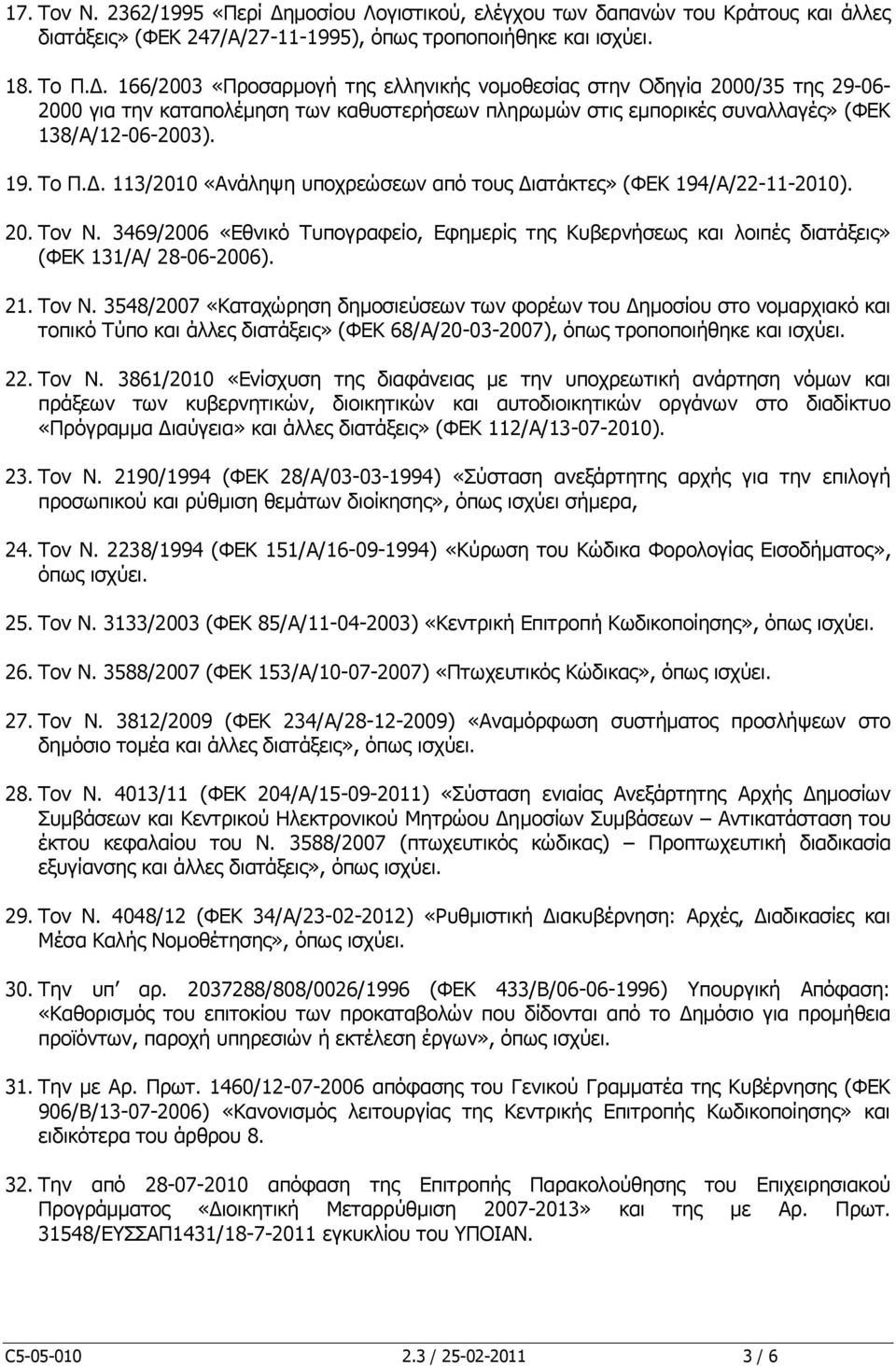 166/2003 «Προσαρμογή της ελληνικής νομοθεσίας στην Oδηγία 2000/35 της 29-06- 2000 για την καταπολέμηση των καθυστερήσεων πληρωμών στις εμπορικές συναλλαγές» (ΦΕΚ 138/Α/12-06-2003). 19. Το Π.Δ.