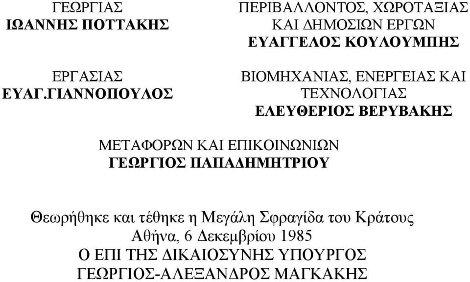 ΕΝΕΡΓΕΙΑΣ ΚΑΙ ΤΕΧΝΟΛΟΓΙΑΣ ΕΛΕΥΘΕΡΙΟΣ ΒΕΡΥΒΑΚΗΣ ΜΕΤΑΦΟΡΩΝ ΚΑΙ ΕΠΙΚΟΙΝΩΝΙΩΝ ΓΕΩΡΓΙΟΣ ΠΑΠΑ