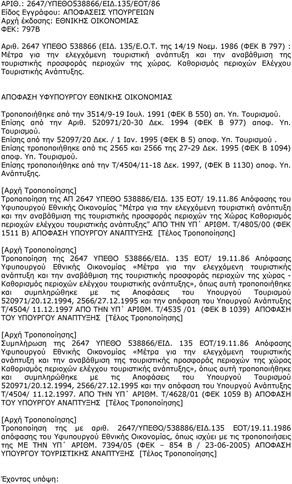 ΑΠΟΦΑΣΗ ΥΦΥΠΟΥΡΓΟΥ ΕΘΝΙΚΗΣ ΟΙΚΟΝΟΜΙΑΣ Τροποποιήθηκε από την 3514/9-19 Ιουλ. 1991 (ΦΕΚ Β 550) απ. Υπ. Τουρισμού. Επίσης από την Αριθ. 520971/20-30 Δεκ. 1994 (ΦΕΚ Β 977) αποφ. Υπ. Τουρισμού. Επίσης από την 52097/20 Δεκ.