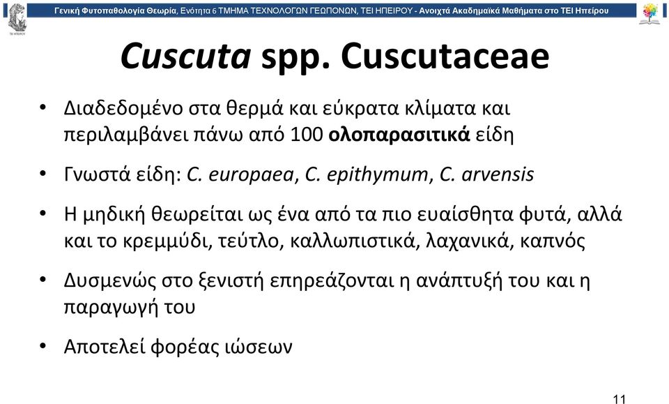 ολοπαρασιτικά είδη Γνωστά είδη: C. europaea, C. epithymum, C.