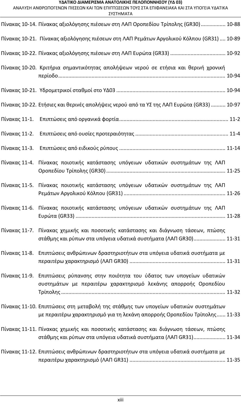 Υδρομετρικοί σταθμοί στο ΥΔ03... 10 94 Πίνακας 10 22. Ετήσιες και θερινές απολήψεις νερού από τα ΥΣ της ΛΑΠ Ευρώτα (GR33)... 10 97 Πίνακας 11 1. Επιπτώσεις από οργανικά φορτία... 11 2 Πίνακας 11 2.