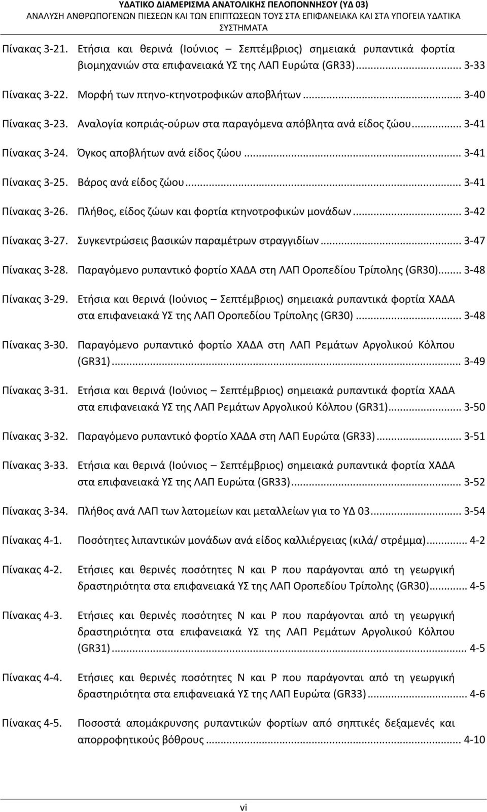 Πλήθος, είδος ζώων και φορτία κτηνοτροφικών μονάδων... 3 42 Πίνακας 3 27. Συγκεντρώσεις βασικών παραμέτρων στραγγιδίων... 3 47 Πίνακας 3 28.